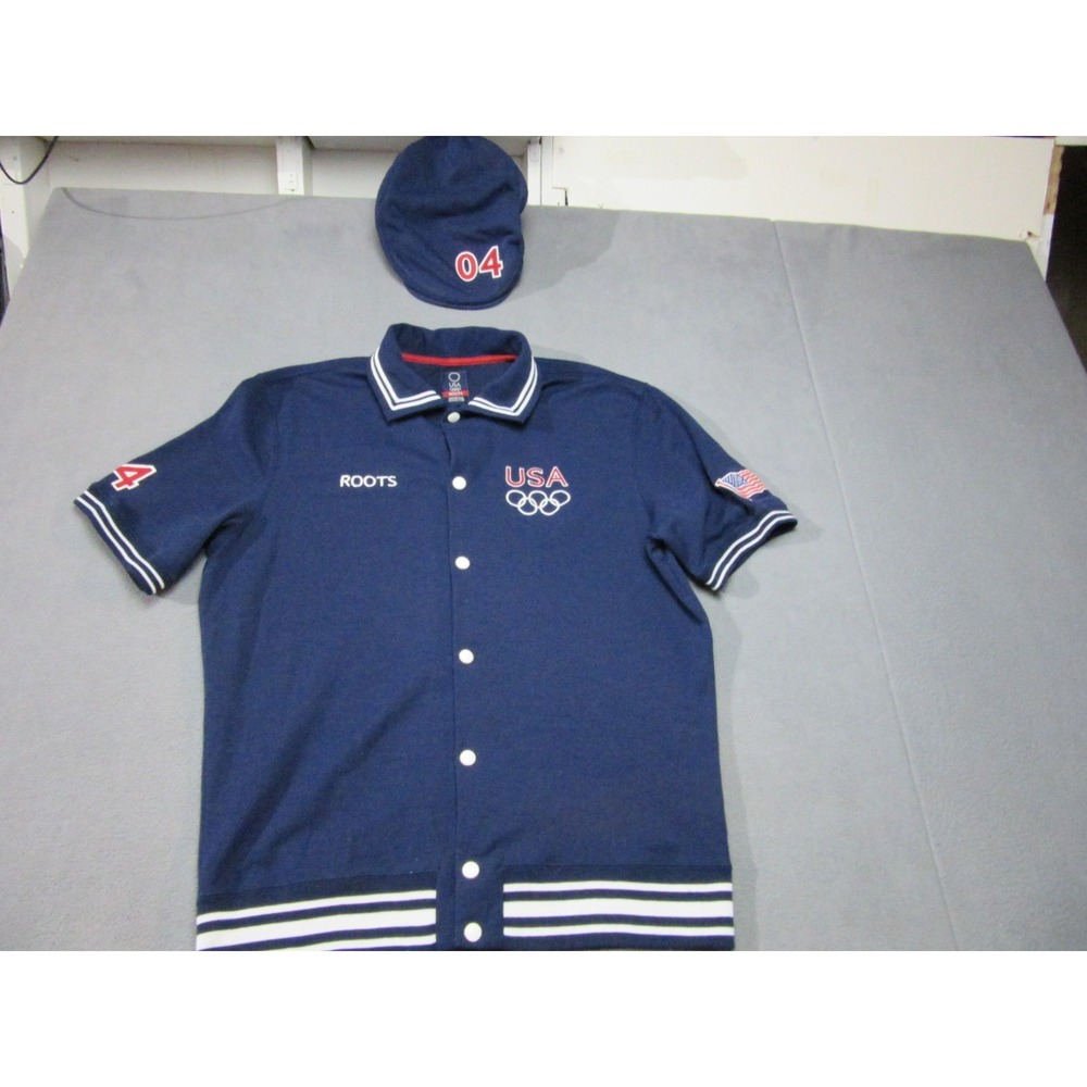 Roots Shirt & Hat Set Mens Large Blue Good 2004 USA Olympic Team Athens Vintage